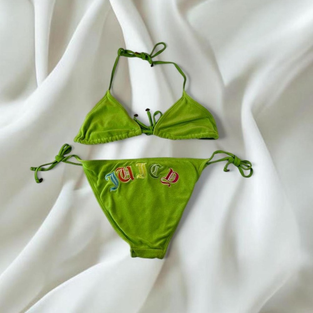 Juicy Couture green terry cloth two piece bikini swimsuit rainbow lettering y2k